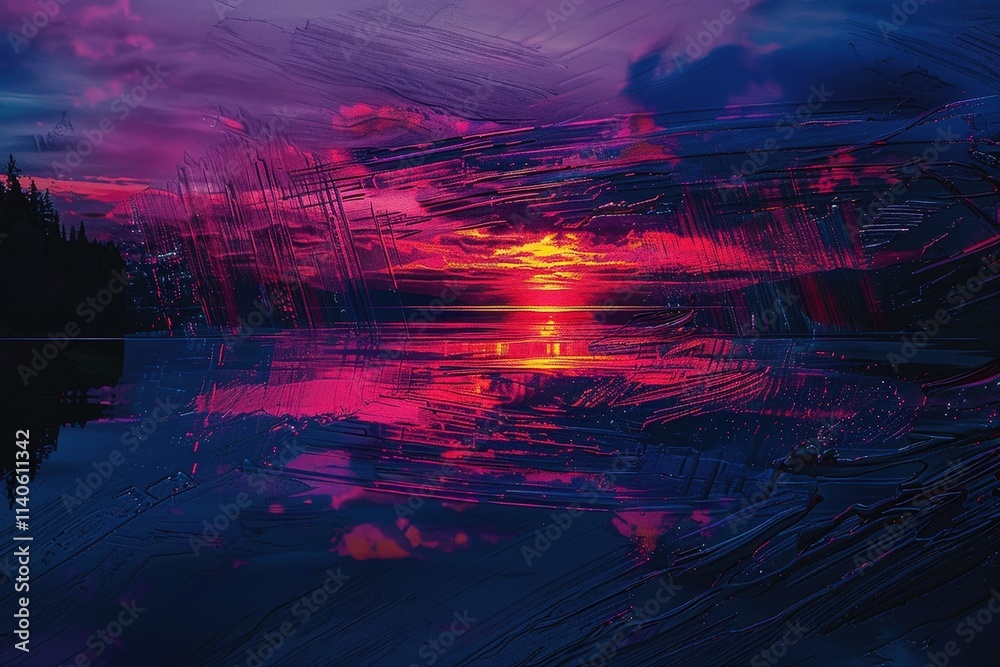 Poster vivid sunset over the ocean with dramatic clouds reflecting a spectrum of colors at twilight