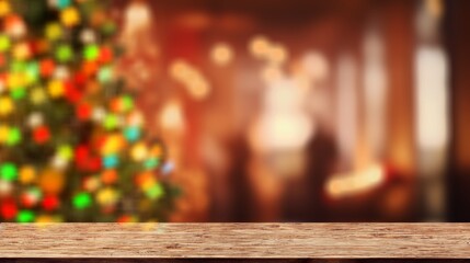 empty wooden table with blur Christmas background