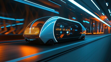 Fototapeta premium Futuristic Autonomous Vehicle in High-Tech Environment with Innovative Design and Advanced Lighting Features
