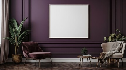 Purple wall room with chairs, plants,blank frame, wood floor.
