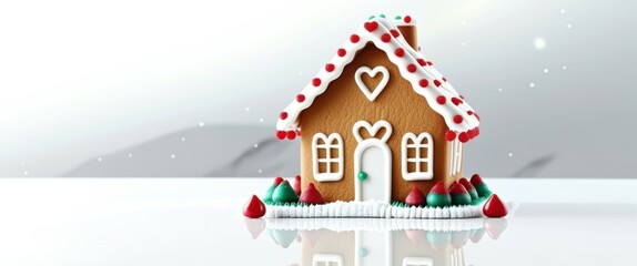 Photo of a gingerbread house with a heart-shaped window, surrounded by two Christmas trees, one decorated with red and green ornaments and the other with red and white polka dots, snow on the ground, 