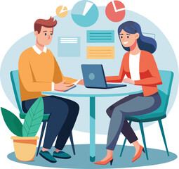 Partners meeting for business discussion with documents and laptop on desk. Couple at round table, speaking, discussing work, partnership. Flat vector on a white background