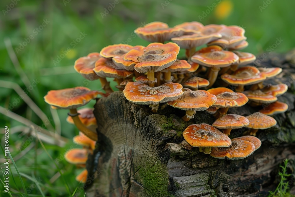Poster Vibrant cluster of mushrooms growing on a moss-covered log in a serene forest setting during daylight hours