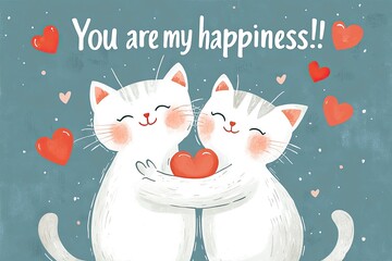 A card with cute cats hugging, with hearts around them, with the text "You are my happiness!" in a fun font.