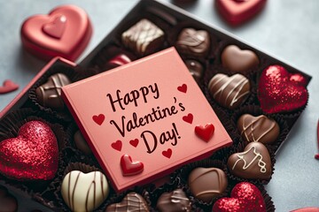 Chocolate Delights: A card featuring a box of chocolates with hearts wrapped in red wrappers and the words "Happy Valentine's Day!" in an elegant font