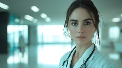 A confident female doctor, wearing a crisp white coat with a stethoscope around her neck, standing in a modern clinic with bright and clean lines, natural light flooding through large windows,