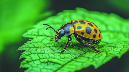 Fototapeta premium Yellow and black ladybug on green leaf.