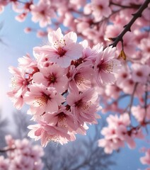 Obraz premium Snowflakes gently fall on delicate pink cherry blossoms, snowfall, serene landscape, cherry blossom winter