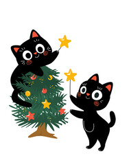 Cute Black cats with christmas tree ,flat