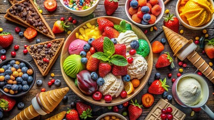 Fototapeta premium Panoramic Ice Cream Topping Extravaganza: A Delicious Visual Feast of Sweet Treats