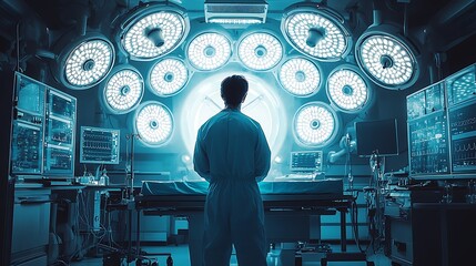 A confident surgeon in surgical attire, standing in the center of a futuristic operating room, bright LED lights casting dramatic shadows on the clean and sterile surfaces,