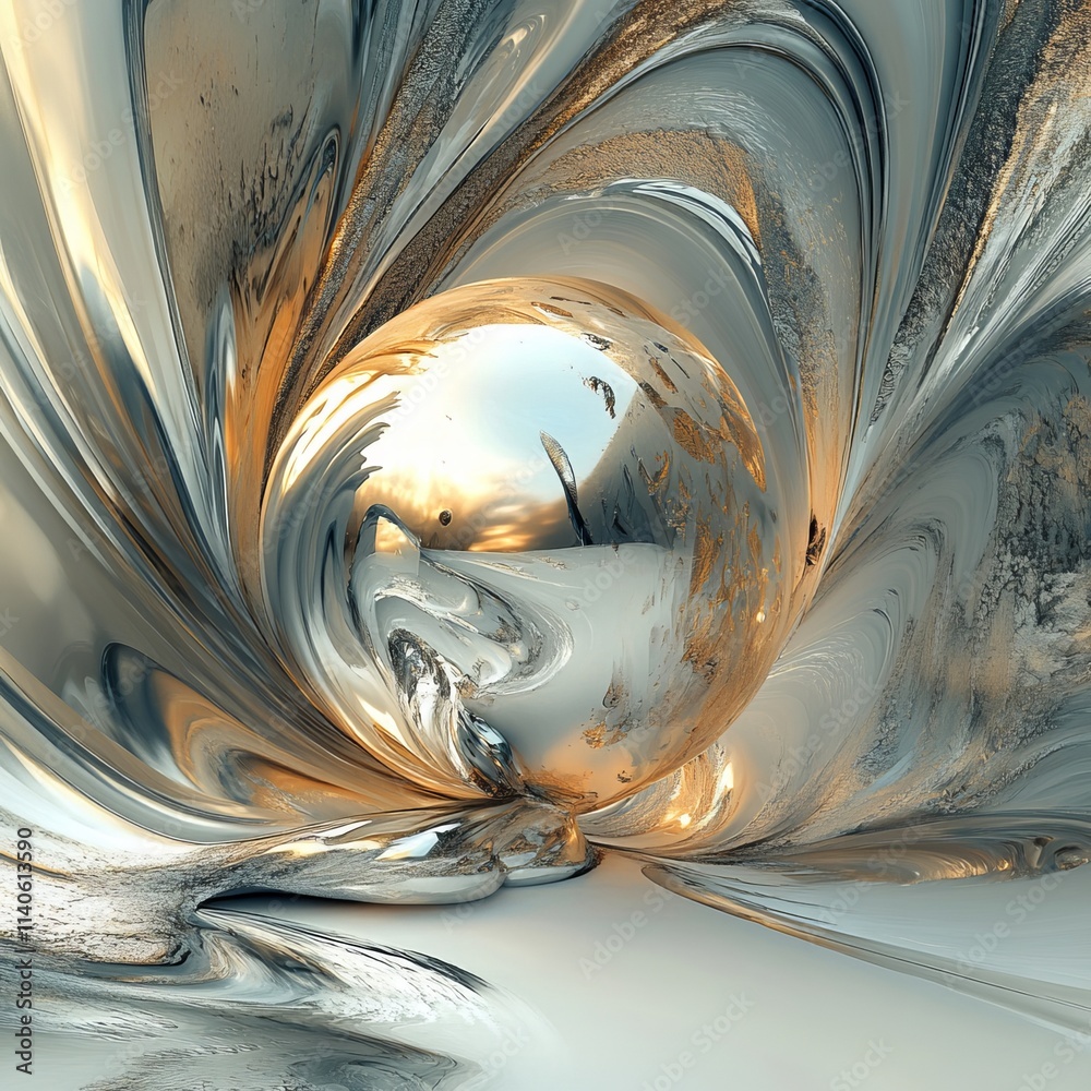 Poster intricate fluid shapes and reflections in a mesmerizing abstract composition capturing the interplay