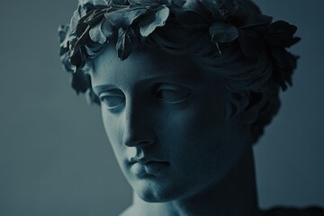 close up of a statue wearing a wreath