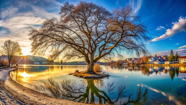 Panoramic Lake Bubanj Winter Shore, Bare Tree, Buildings, Cars, Serbia Landscape Photography