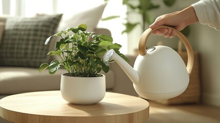 Indoor Plant Care with Modern White Pot and Watering Can on Table