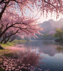 Soft pink petals scattered along the riverbank, delicate branches of cherry blossom trees swaying gently in the breeze, nature photography, , floral arrangement