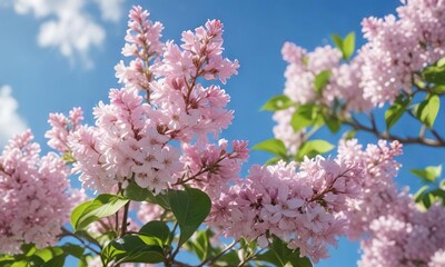 Soft pink lilac blossoms unfurl against a radiant blue sky with delicate white petals and subtle green leaves, botanical garden, sunny day