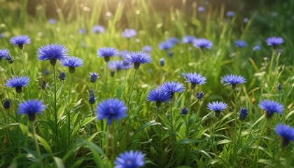 Fototapeta premium Softly glowing blue cornflower amidst vibrant green grasses, field of dreams, cornflower, flower arrangement