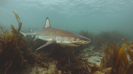 Naklejka premium Shark swims through underwater kelp forest in clear blue ocean waters near coastline