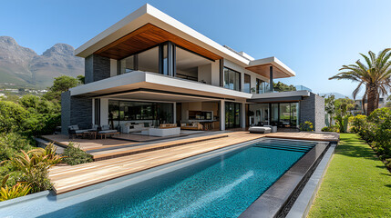 Photography showcasing a contemporary home with sharp geometric lines, large floor-to-ceiling windows overlooking a well-manicured lawn, and a sleek infinity pool surrounded by wooden decking.