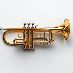 Obraz premium Golden trumpet resting on a white background showcasing musical elegance and craftsmanship
