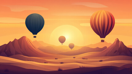 Fototapeta premium Serene sunset over desert landscape with hot air balloons feeling of peace and adventure
