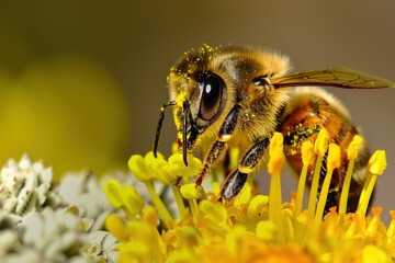 Bee collecting pollen from vibrant yellow flowers during a sunny day in a garden, showcasing nature's intricate details and the importance of pollinators