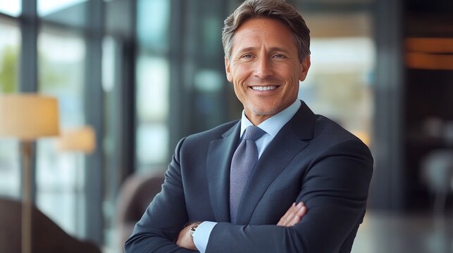 A portrait of a middle-aged man in a suit with his arms crossed smiling at the camera.