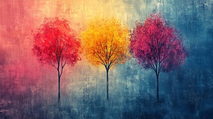 trees with leaves in red, yellow, and pink.