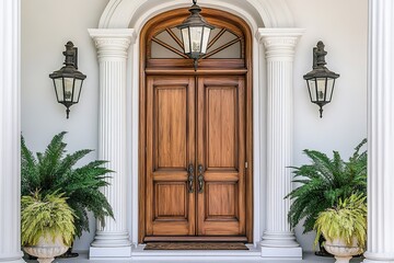 Beautiful wood grain front door of home, surrounded by flowers