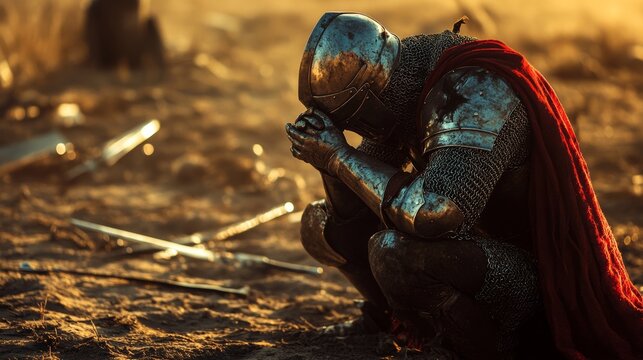 Medieval knight praying on battlefield at sunset after the fight