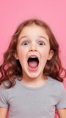 Expressive portrait of young child with curly hair showing extreme surprise and excitement against pink background, mouth wide open and eyes big with wonder and amazement