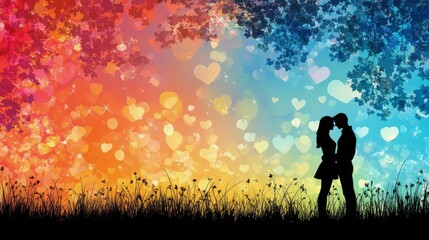 Romantic couple silhouetted against heart filled dreamy background during twilight hour