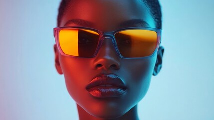 Stylish woman wearing golden reflective sunglasses in a glowing blue background
