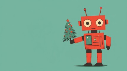Red robot holding a small Christmas tree on a blue background.