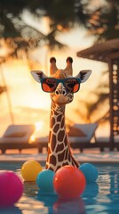 Cool giraffe relaxing in swimming pool at sunset