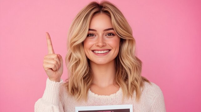Cheerful woman with long blonde hair smiles while holding a sign and raising her index finger against a bright pink background wearing a cozy white sweater.