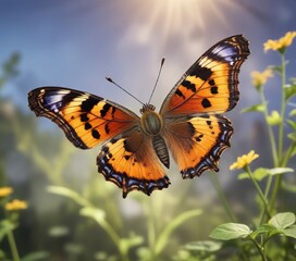 Tortoiseshell butterfly in flight with blurred background , flight, butterfly