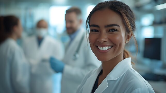 A multicultural team of doctors standing together in a bright medical facility, smiling and exuding confidence, advanced medical tools subtly visible in the background,