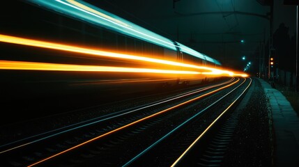 A high-speed train racing down the tracks at night, with its headlights casting a bright glow on the dark rails ahead
