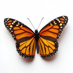 Fototapeta premium Bright orange monarch butterfly displaying vibrant wings on a white background