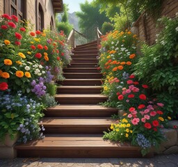 Fototapeta premium Wooden stairway adorned with seasonal flowers and greenery, greenery arrangement, inviting staircase, decorative elements