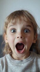 Close-up portrait of a young child with an extremely surprised and excited facial expression, mouth wide open and eyes big with amazement, wearing a light gray casual t-shirt.