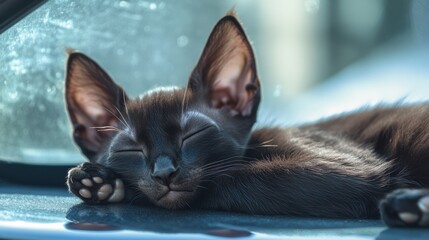 Adorable black kitten with blue eyes, large ears, and angular face peacefully napping inside a car, leaning on car seats and window ledges, capturing moments of serenity and relaxation.