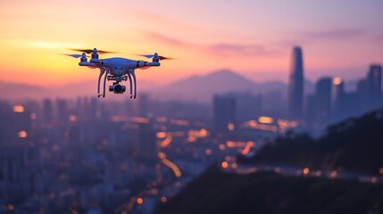 Drone flying above a city skyline during sunset