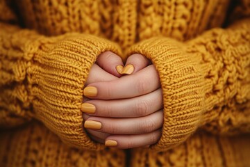close up of hands in yellow sweater