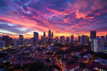 Vibrant sunset over the skyline with colorful clouds and illuminated buildings in a modern city