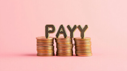 A creative arrangement of coins with the word "PAYY" atop, symbolizing finance, payments, and money management against a soft pink background.