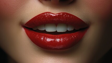 Obraz premium Closeup of shiny red lips with black background
