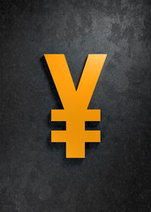 Japanese yen (JPY) currency symbol in matt gold against a gray textured background. 3D illustration
